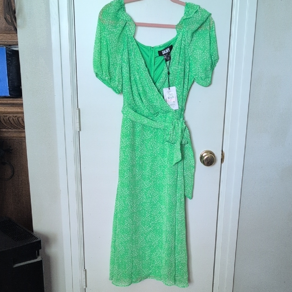 Dkny Green Puff Sleeve Cowl Neck Midi Sundress